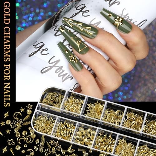 Nail Charms and Gems Set, 4 Boxes Nail Gems Nail Pearls Nail Art Tools, Gold