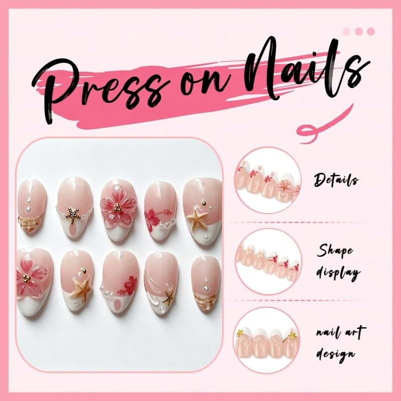 30Pcs Cute Pink Flower Press on Nails Short Almond French Tip Fake Nails with…