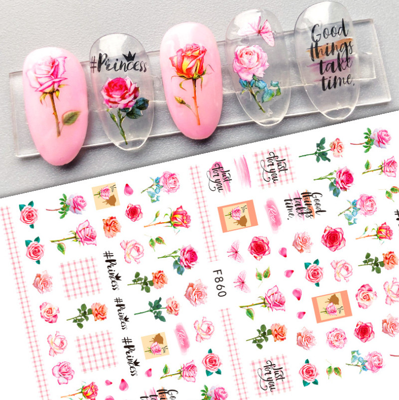 3D Nail Stickers Decals Valentine Red Blue Pink Rose Flower Love Decoration NS3