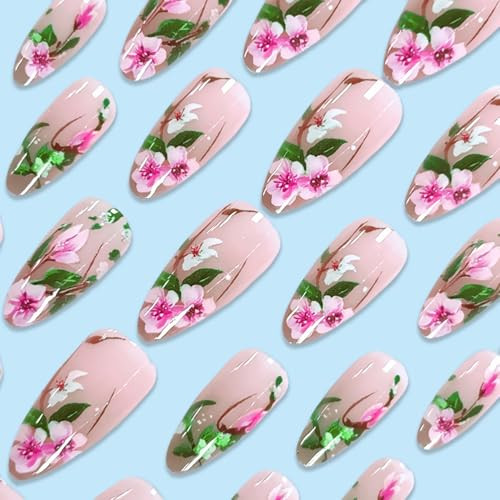 24Pcs Almond Shaped Press on Nails Flower Fake Nails Medium Length Glue on
