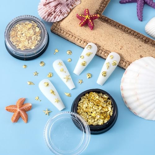Pndeyo 2 Boxes Ocean Theme Nail Charms, Sea Beach Starfish Seashell Nail Gold