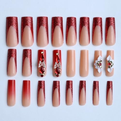 Long Square Press on Nails Fake Nails Artificial Nail Stick on Red and White