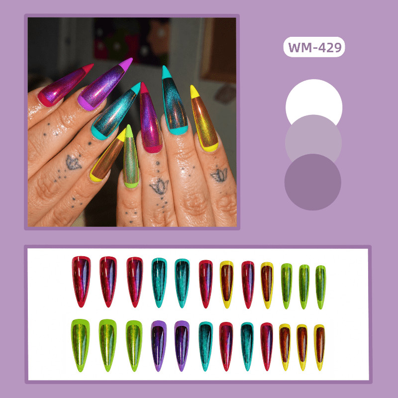 48pcs Stiletto Press on Nails, Neon Rainbow Mirror Chrome Glitter Trend Nails