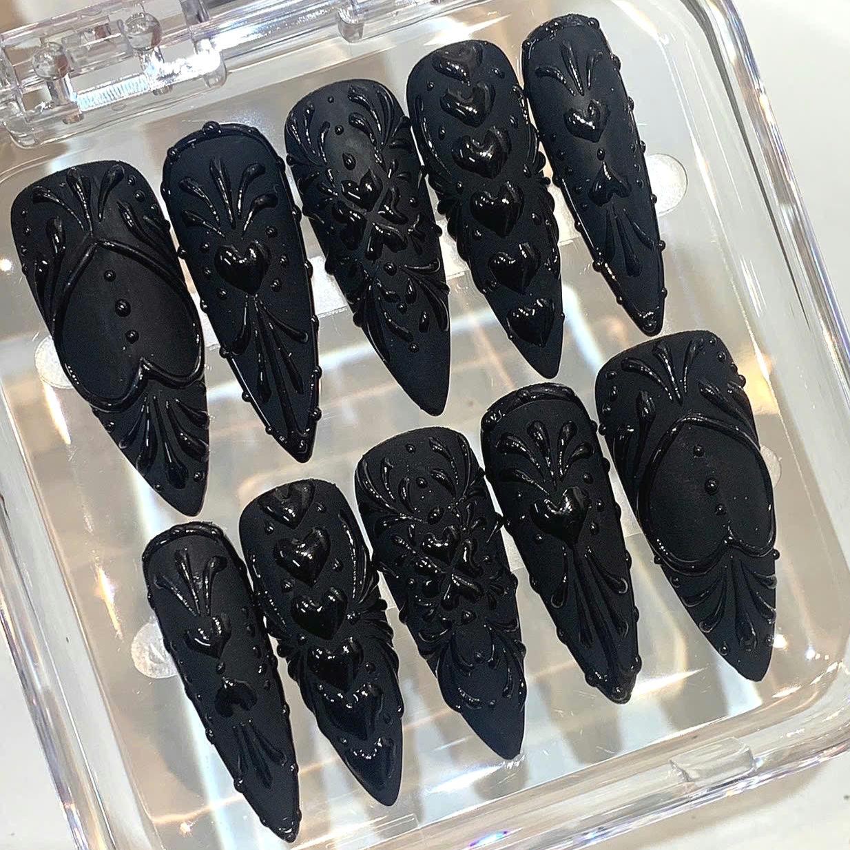 Custom Handmade Halloween 3D Embossed Heart Gothic Stiletto Press on Nails