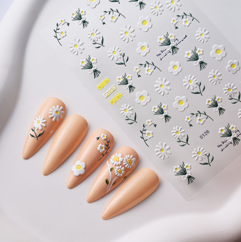 5D Embossed White Daisy Tulip Butterfly Camellia Flower Nail Art Stickers DIY