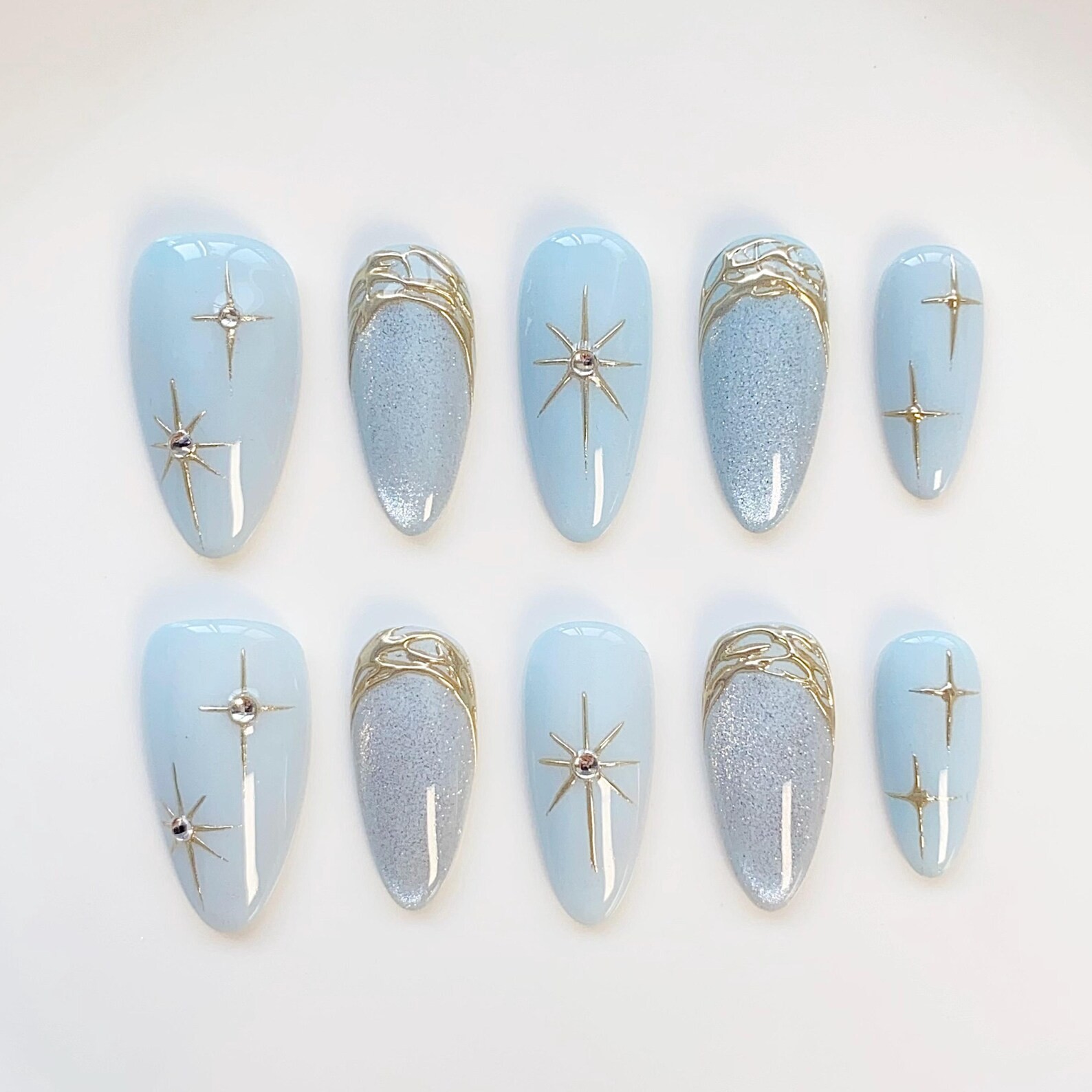 Handmade Light Blue Star Rhinestone Gold Glitter Medium Almond Press on Nails