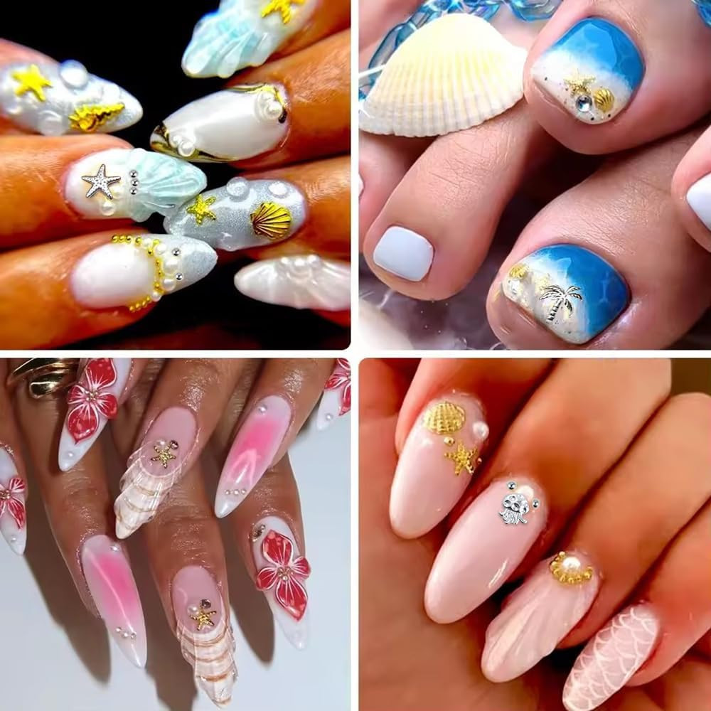 Nail Charms, 2Boxes Gold Silver Summer Ocean Nail Charms and Gems, Metal Small S