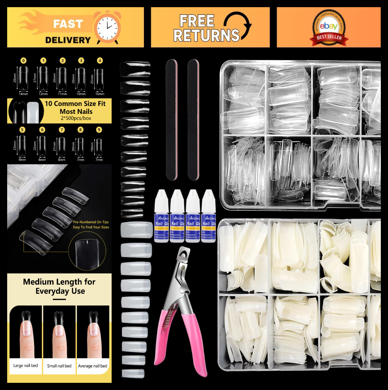 1000PCS Clear Natural Square Nail Tips & Glue, Half Cover French Acrylic Set, 10