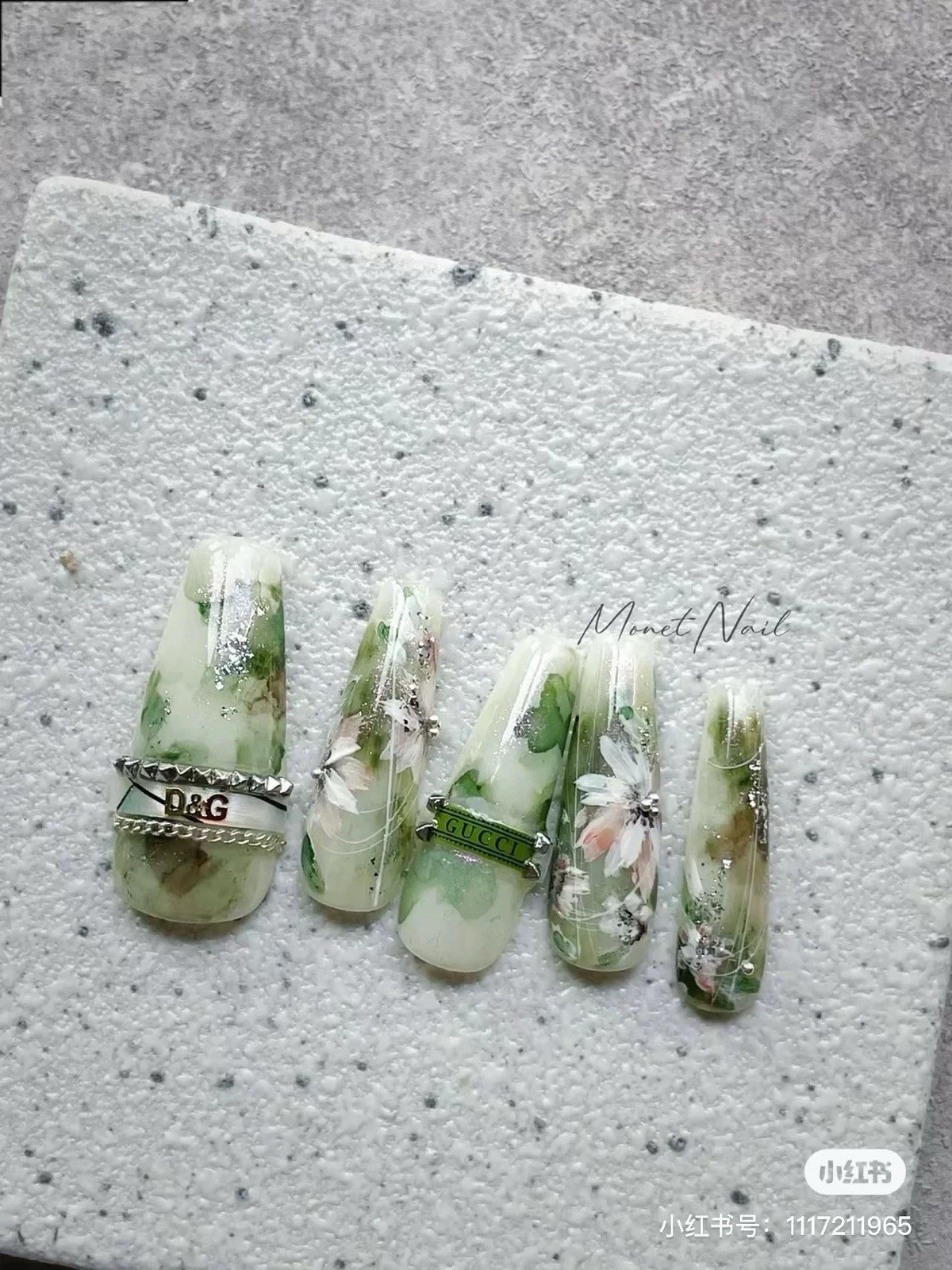 GUCCI D&G Green White 3D Shiny Coffin Press-On Nails Long Full Cover Floral, S