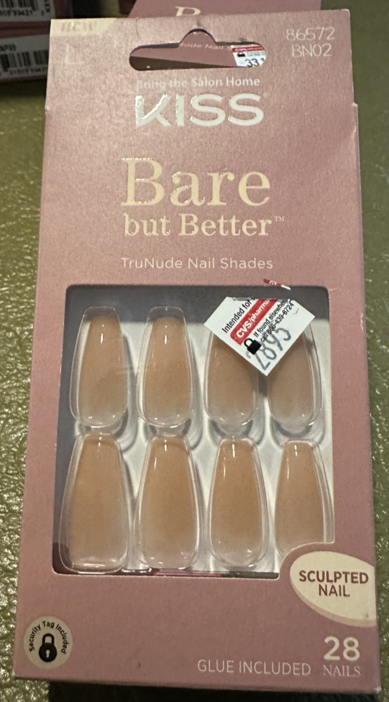 Kiss Nails Bare Glue or Press on Manicure long Natural Almond Pink TruNude 72
