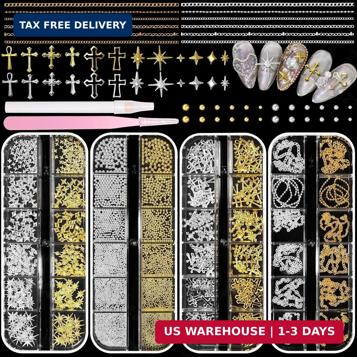 Gold Silver Caviar Nail Beads, 3D Starburst Chain Cross Nail Charms, Alloy Star