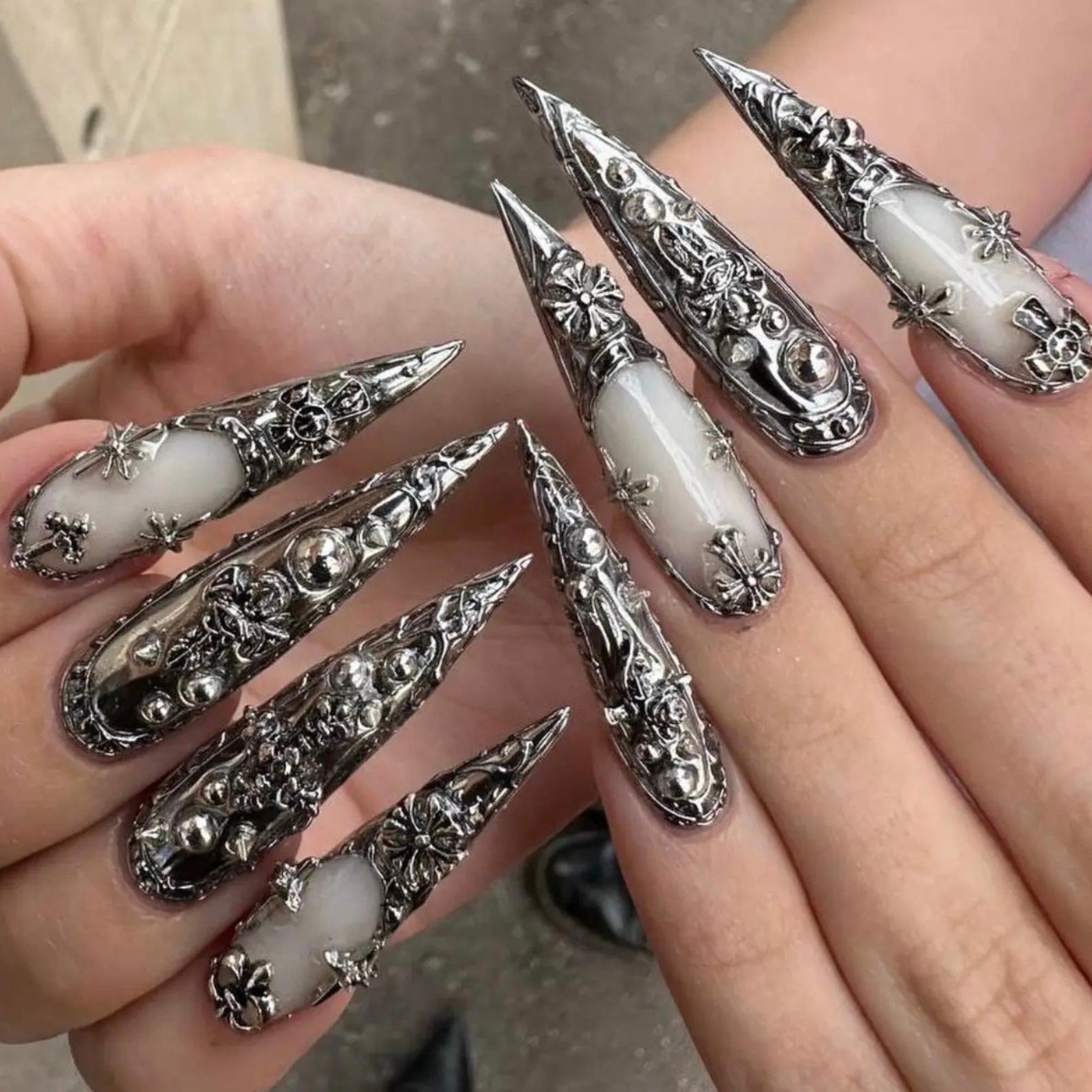 Handmade Gothic Silver Cross Metal Charms Long Stiletto Press on Nails