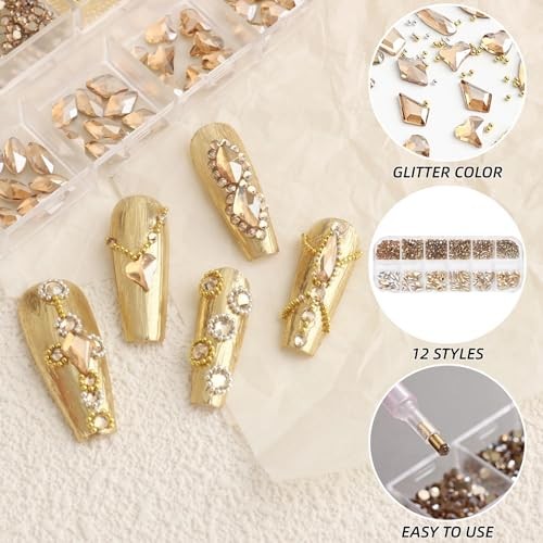 1 Box Nail Art Rhinestones Multi Shapes 3D Flatback Bedazzling Champagne Gold