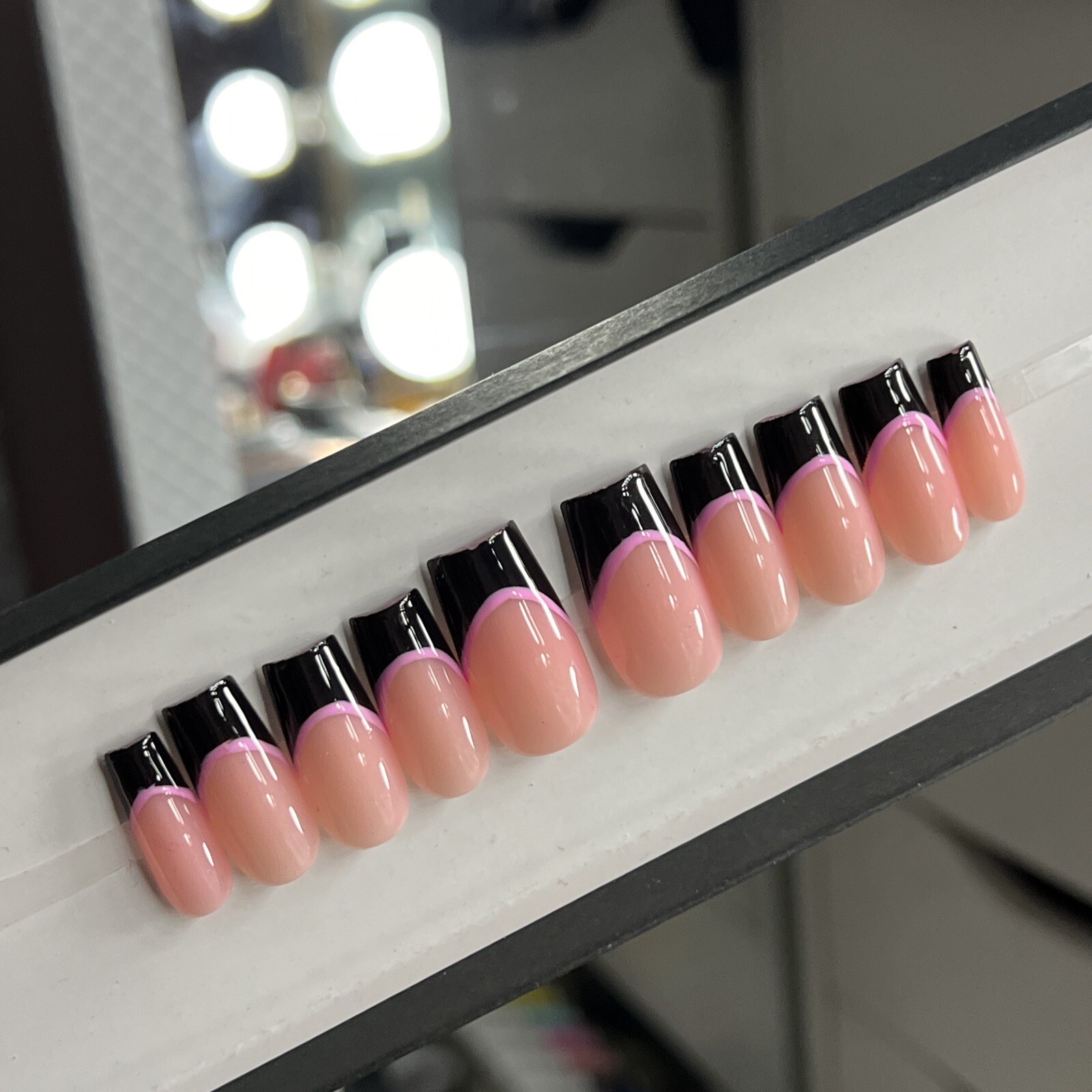 🩷🖤 CUSTOM Press On Nails FRENCH BLACK PINK BLING 10p SET W Kit