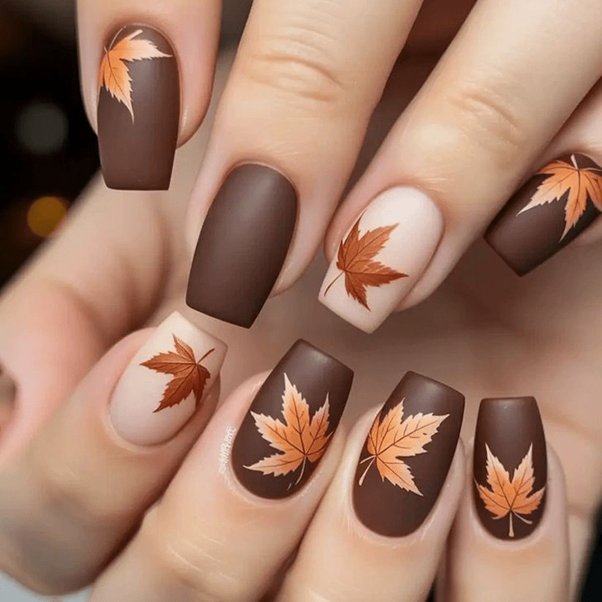 48pcs Fall Press-on Nails Autumn Leaves Pumpkin Warm Brown Glitter Fall Nails