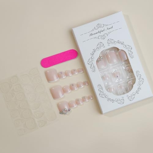 French Tip Press on Toenails for Women White Square Toe Nail Press ons Classy