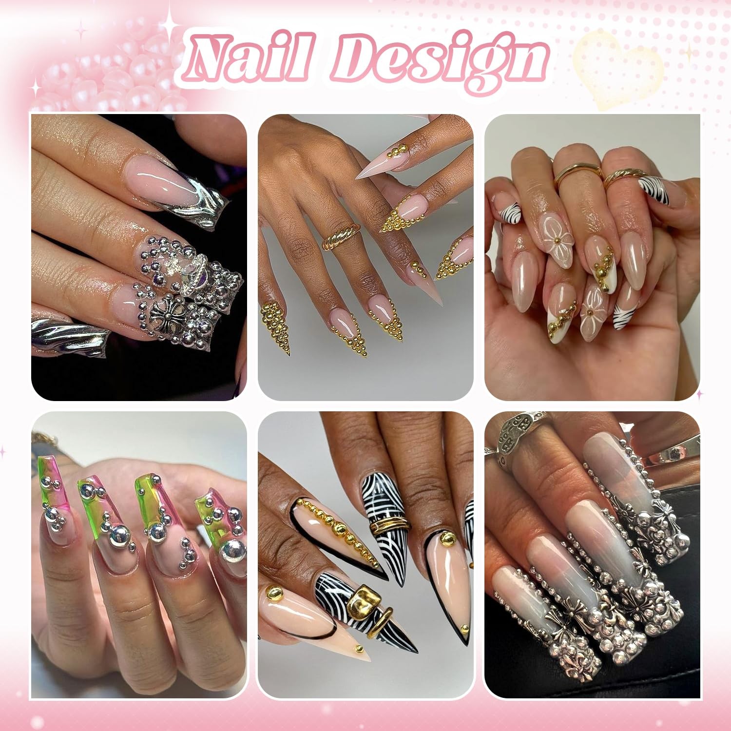 Silver and Gold Nail Charms and Gems, 1.5-5mm 04 Nail Pearls(Gold+Silver) Set 3