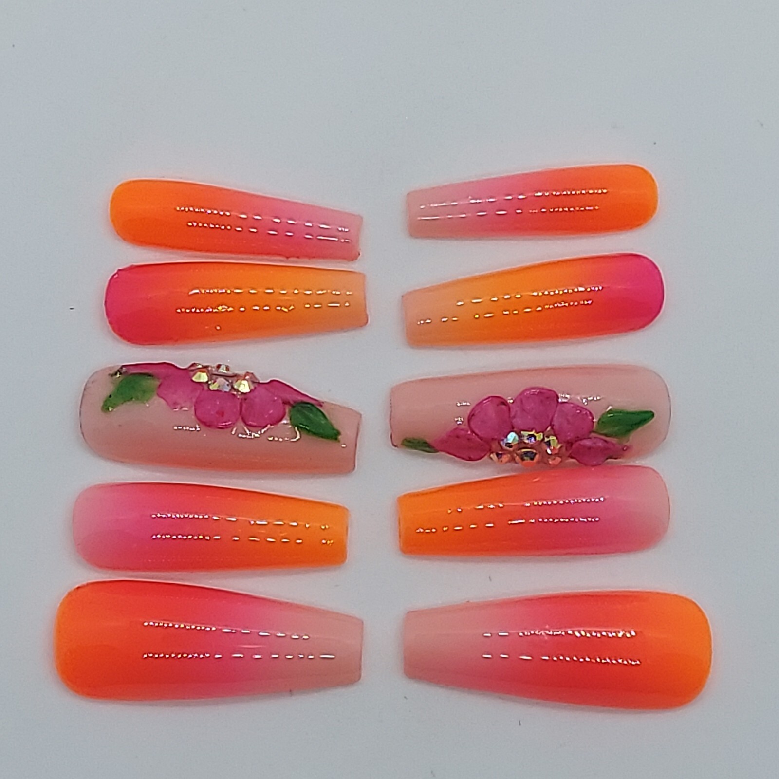 Vacation Tropical Nude Ombre Sunset Pink Orange Floral Press on Nails