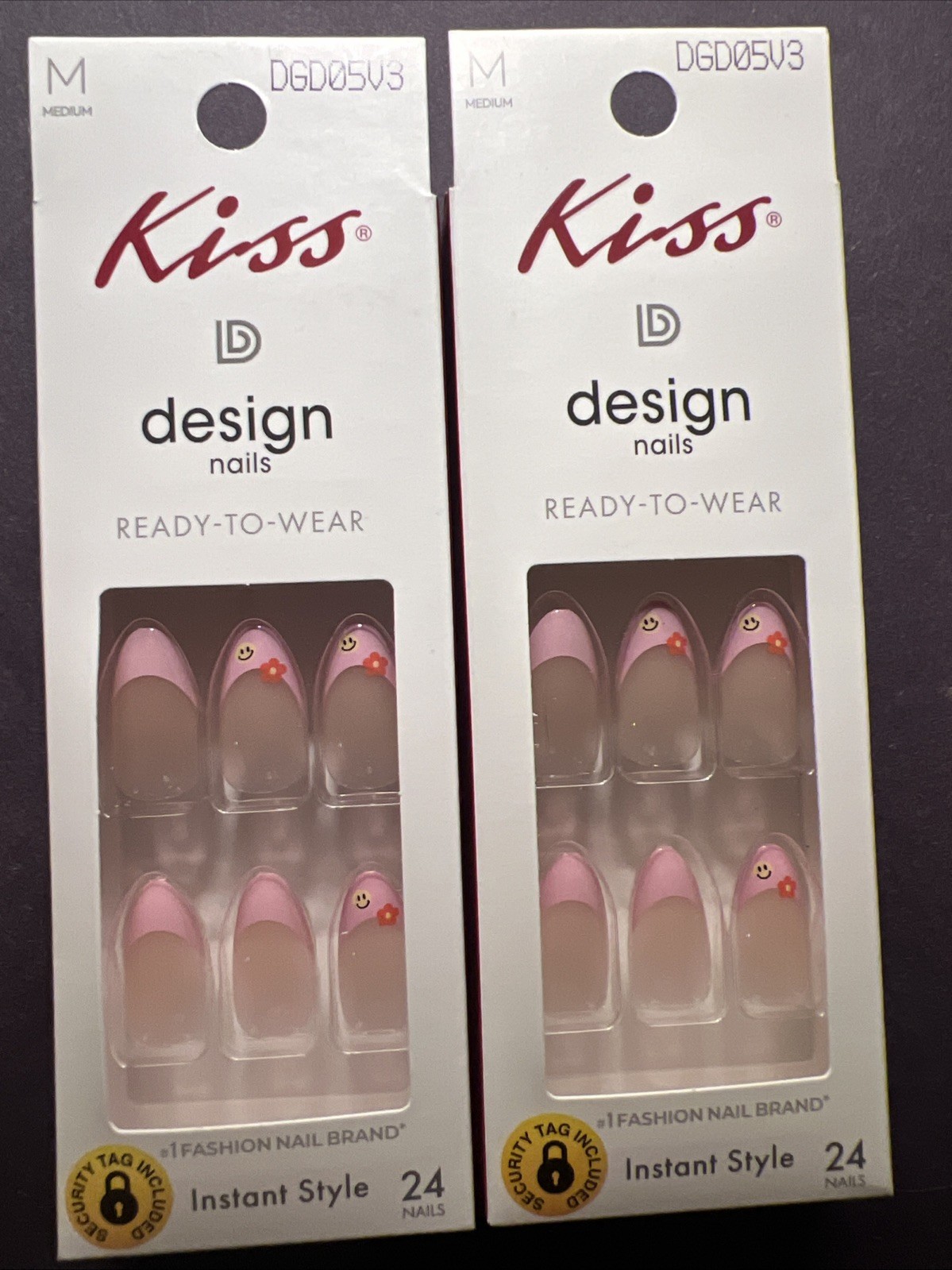 2x~Kiss Design Ready To Wear Glue Nails~Medium~Almond Shape~Natural W Pink Tips