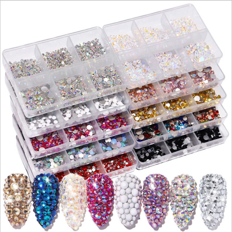1 Box Mixed Size Glass Nail Art Rhinestones Flatback AB Crystal 3D Gem Manicure