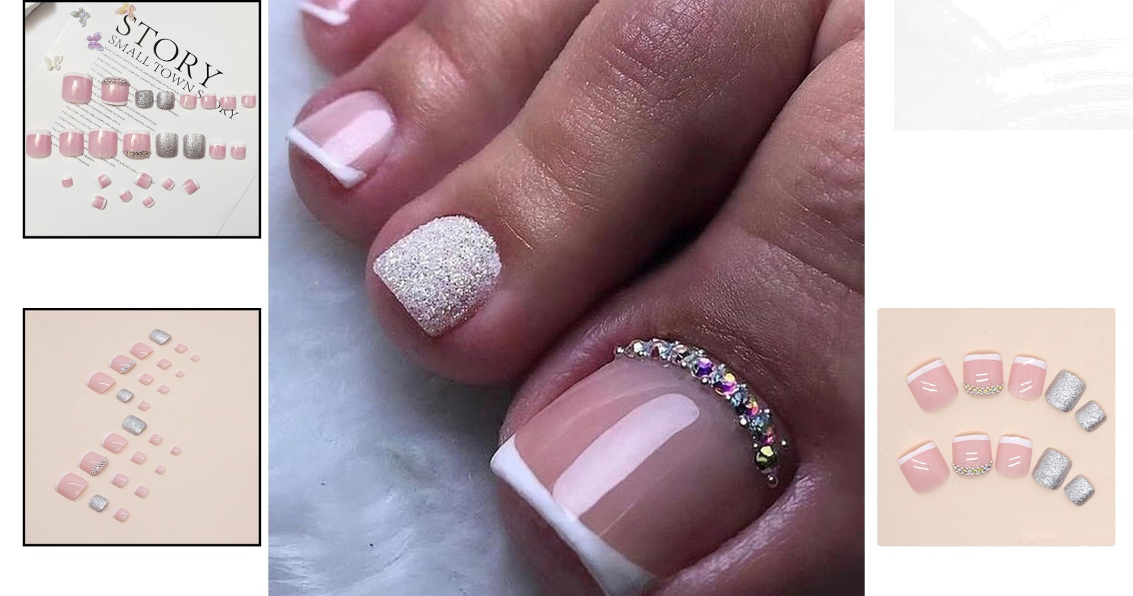 24 Glossy Press On Toenails with Rhinestone Designs – Perfect for Any Occasion