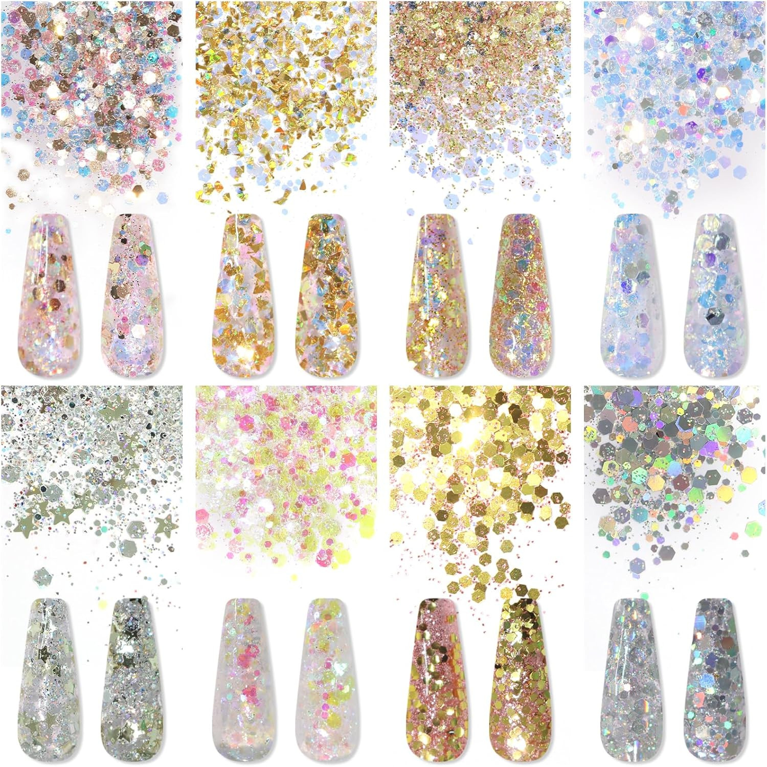 8 Colors Nail Art Glitter Diamond Dust Iridescent Nail Powder Chunky Glitter Con