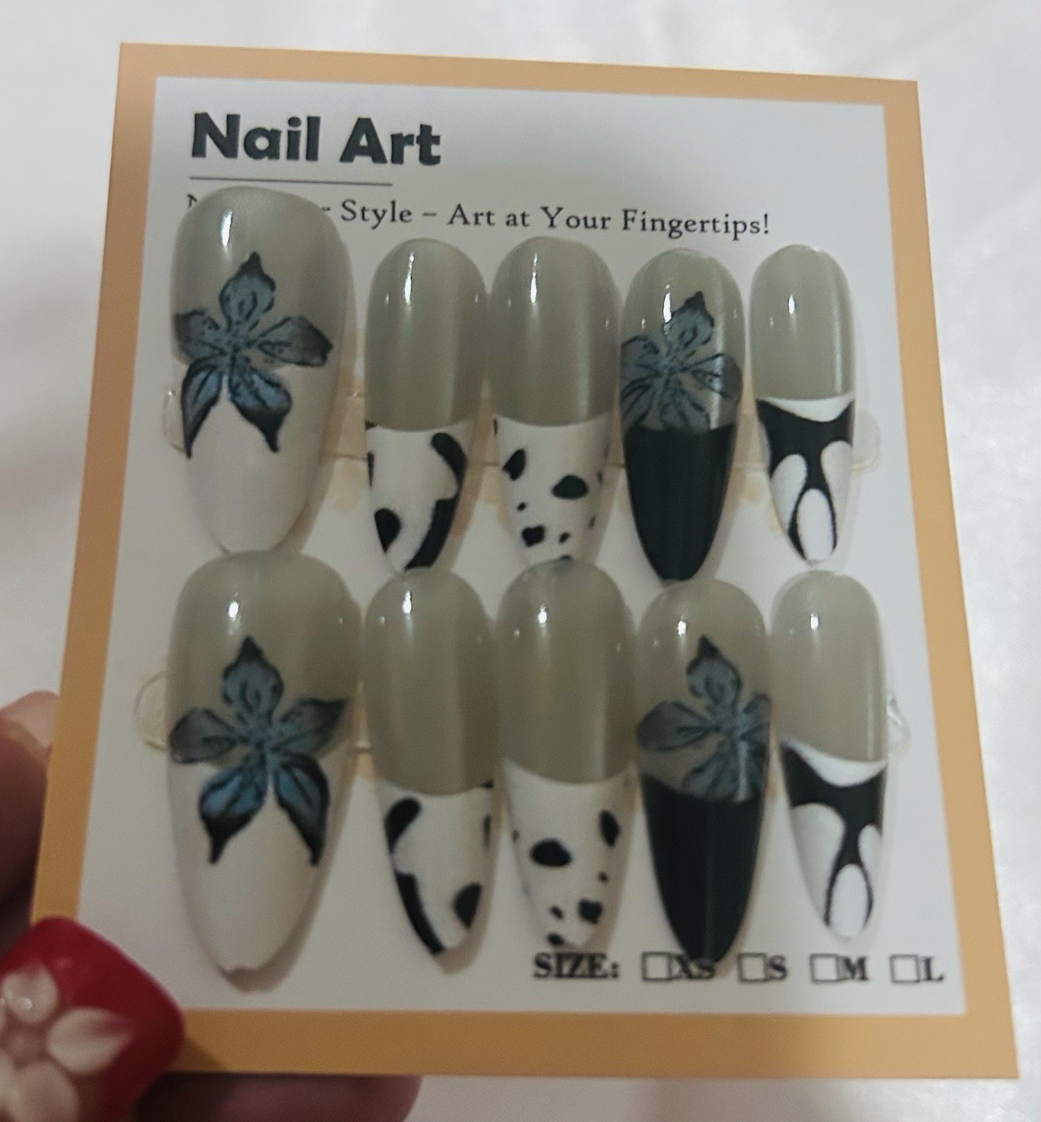 Shiny Gray White Black Blue Floral Press-On Nails Almond Extra Long Full Cover