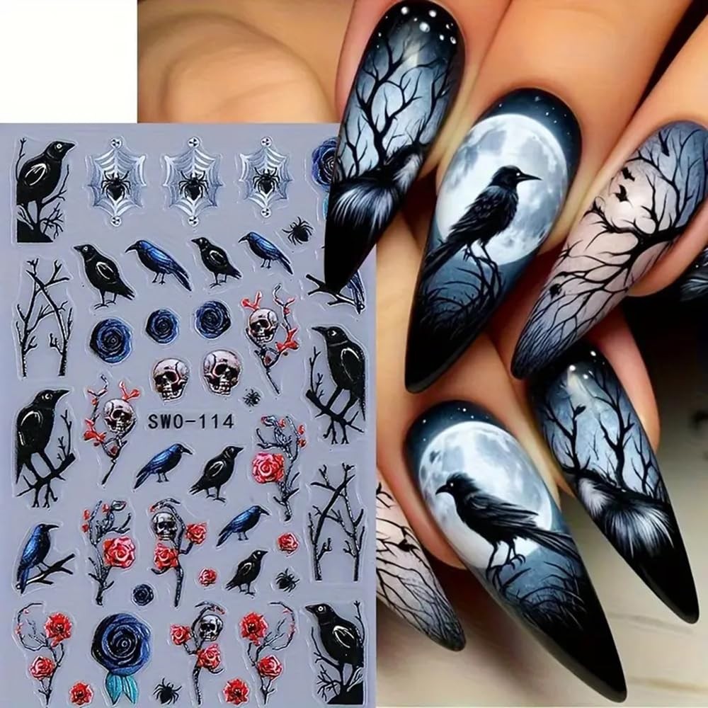 2Pcs Halloween 5D Nail Art Stickers – Black Red Roses Crow Skulls and Black C…
