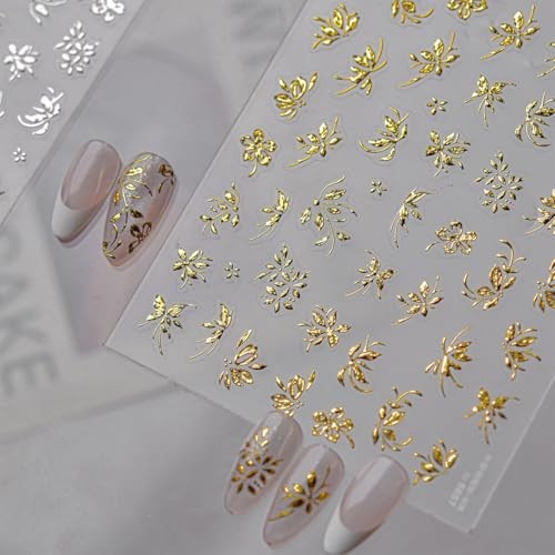 Gold Silver Flower Leaf Nail Art Stickers 2 Sheets Self Gold Silver Leaf-4