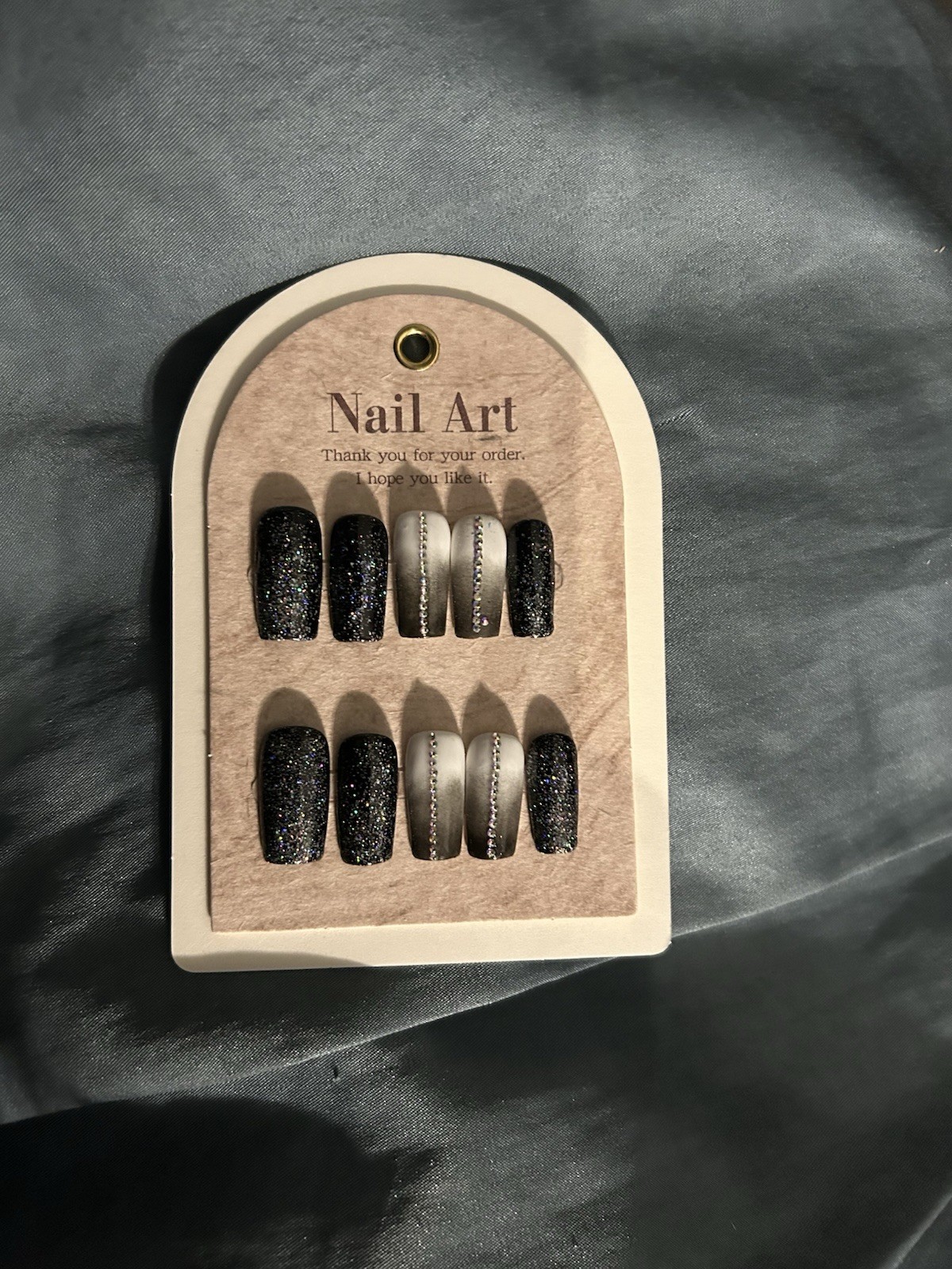 Z NAILZ! Handmade M Square Black Ombré W/Stones & Glitter Press On Nails