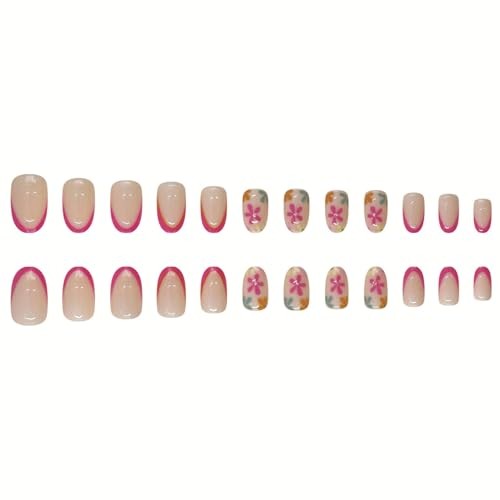 Pink French Press on Nails Almond Fake Nails with Flowers Flowers Designs-3
