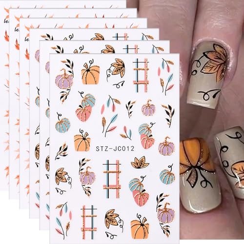 6 Sheets Fall Nail Art Stickers Decals, Thanksgiving Nail Art Style 6