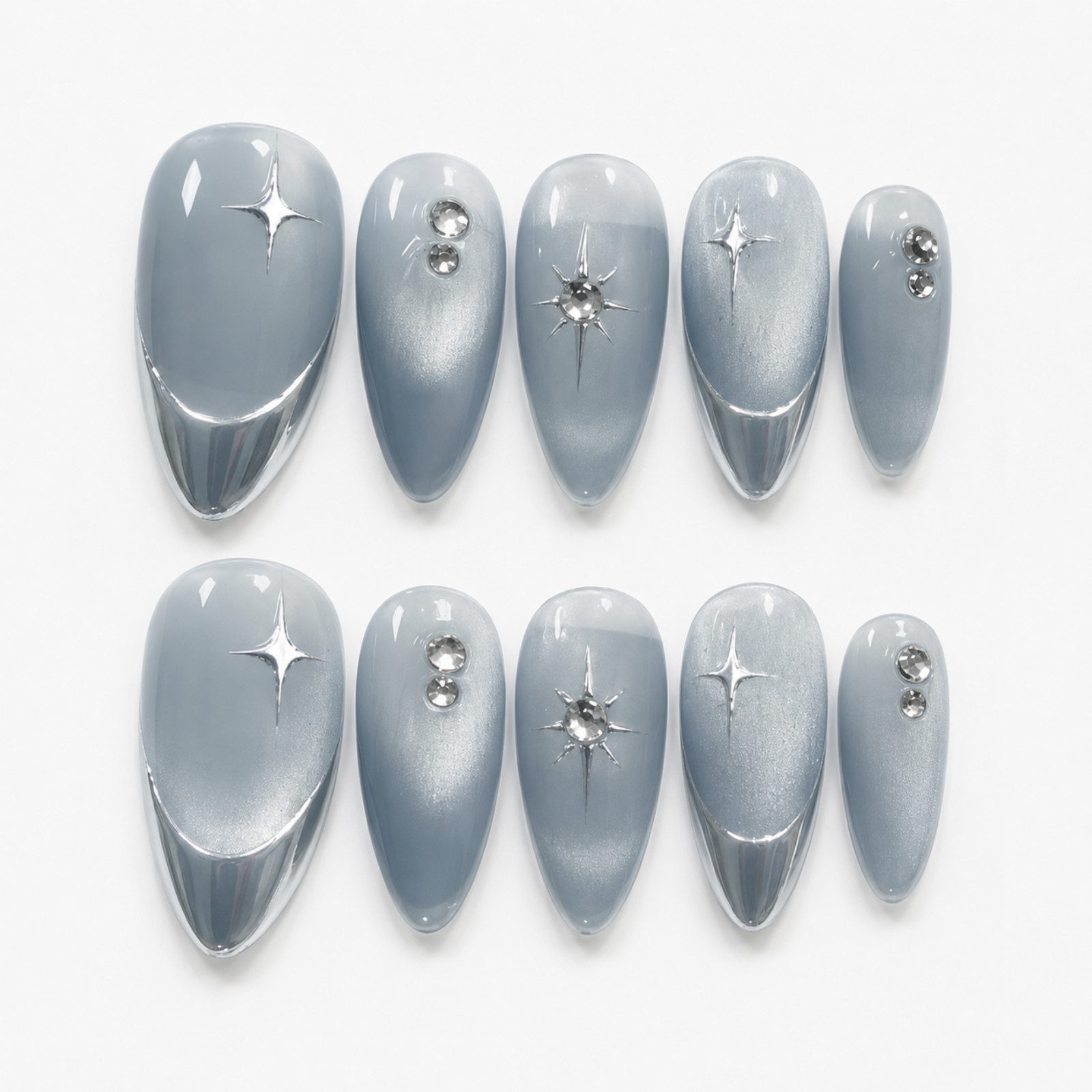 Handmade Icy Gray Silver Chrome Star Press On Nails Rhinestone Set
