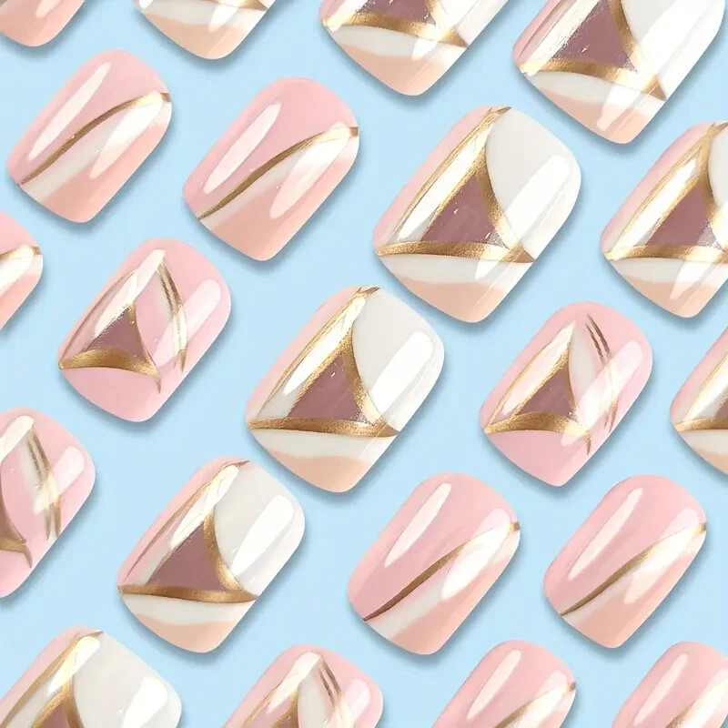 24 Pcs Glossy Short Squoval Press-On Nails with Golden Tips – Elegant Style
