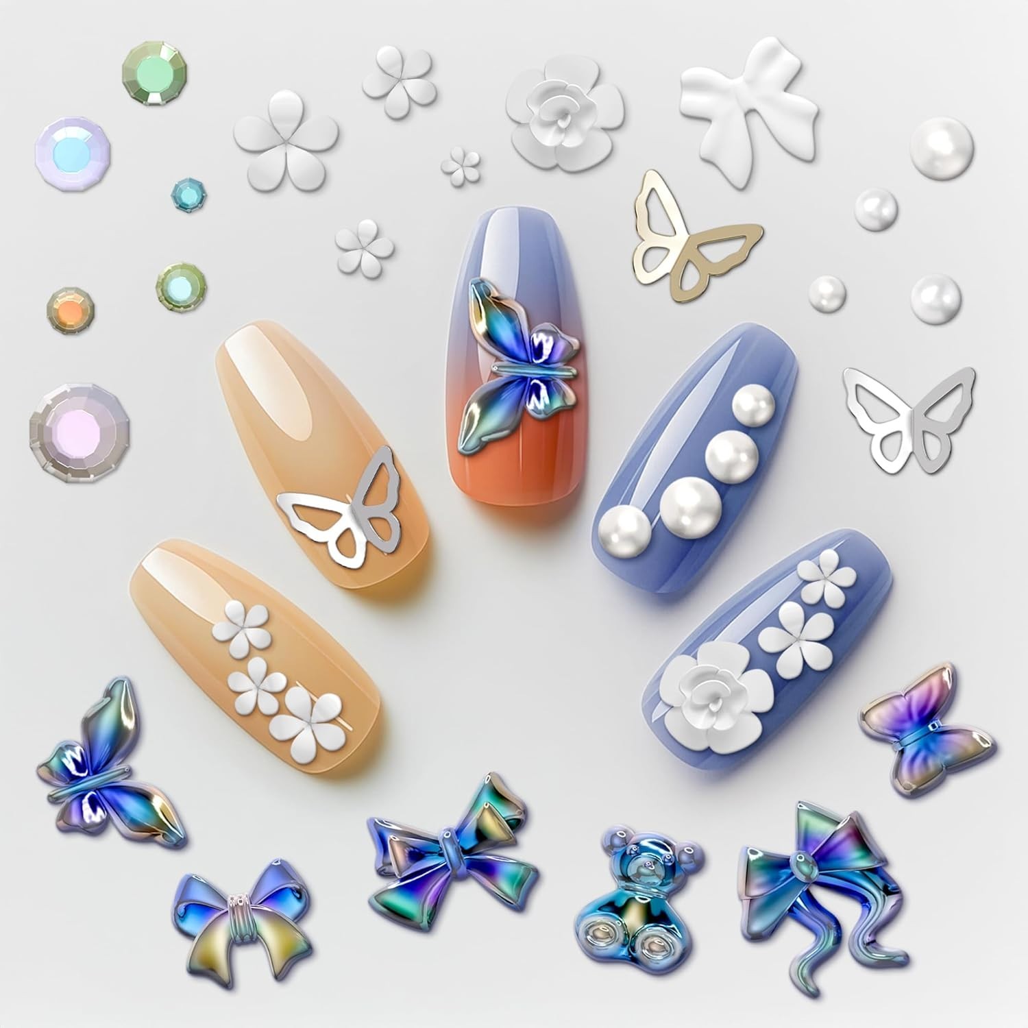 Rhinestones for Nails: Bow Nail Charms 520 Pcs Set w/ Gems Butterfly 3D Crystals