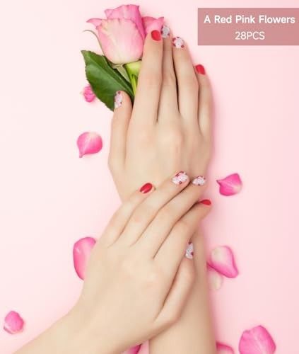 Semi Cured Gel Nail Strips, 28 Pcs UV Gel Nail Stickers, D.02a Red Pink Flowers