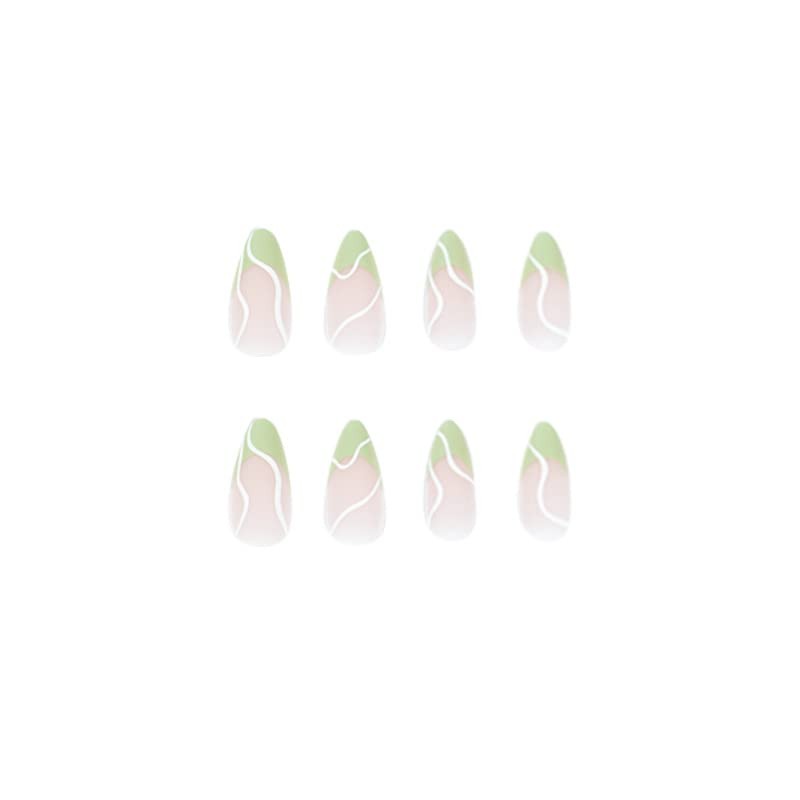 Press On Nails Almond Short Medium Nude Light Green Swirl French Tip Solid