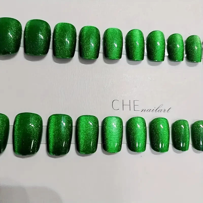 24 Pieces Green Wild Cat’s Eye Nail – Handmade Short Trapezoidal Wearable Pure