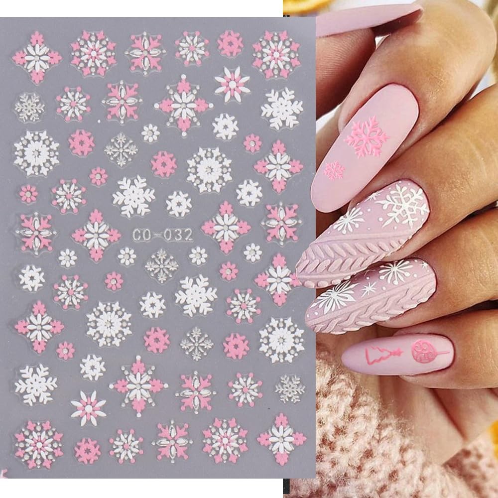 Christmas Nail Art Stickers, 8Sheets 5D Embossed Snowflake Nail Decals Pink Whit