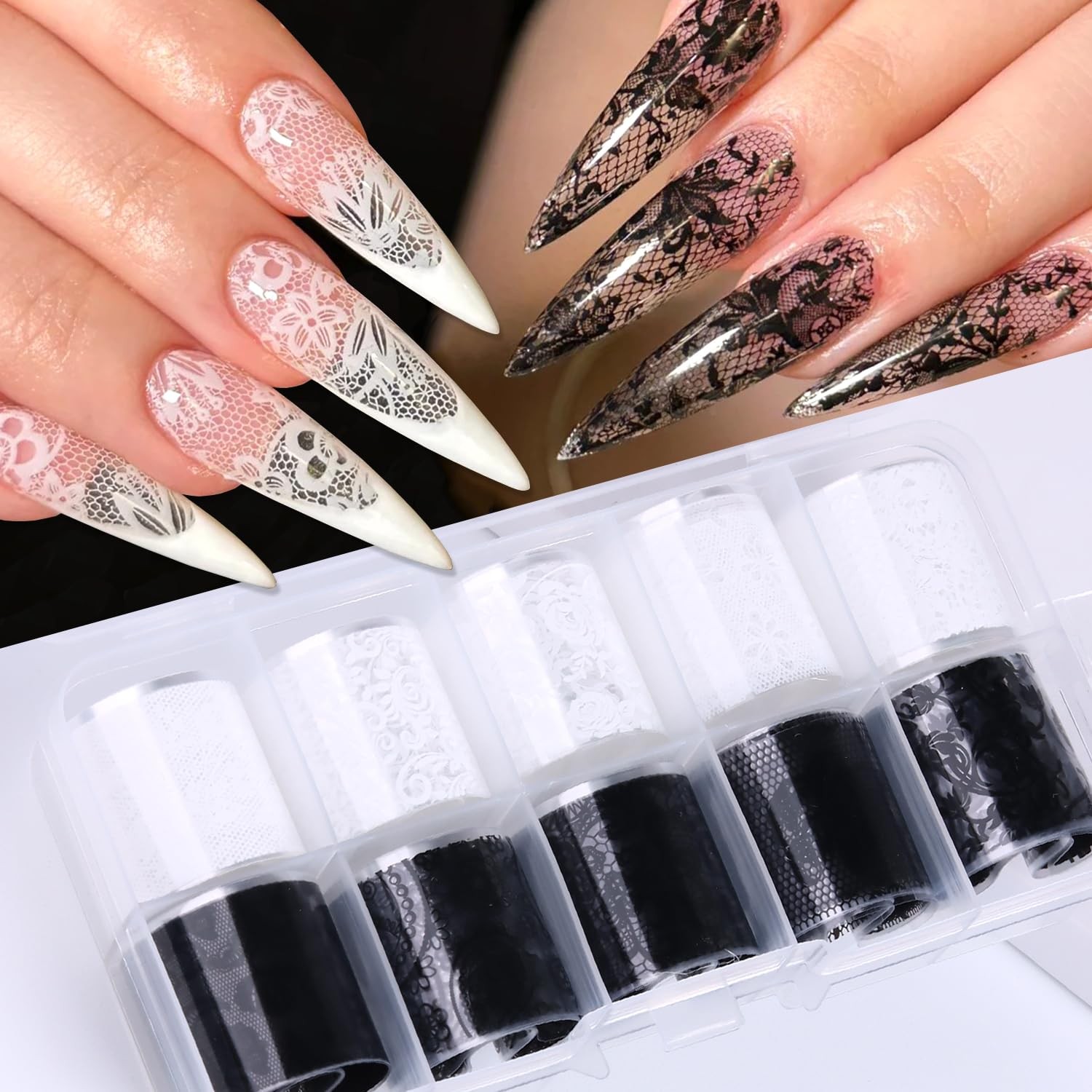 10 Rolls Lace Nail Foil White and Black Nail Transfer Foil Stickers | Hologra…