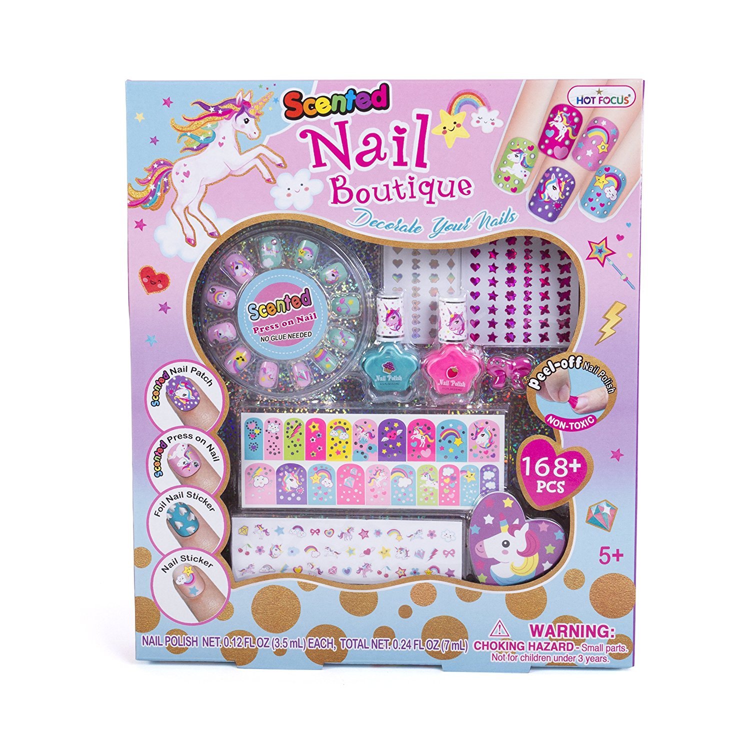 Girls Nail Art Set – 168 Piece Unicorn Non-Toxic Scented Peel Off Nail Polish