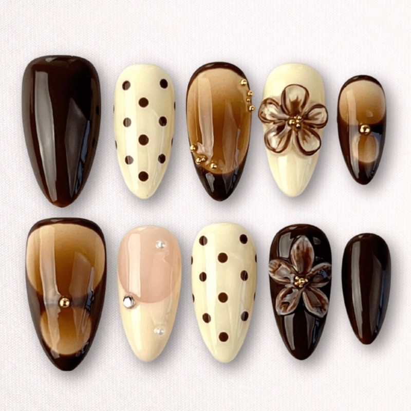 48 Pieces of Warm Chocolate and Cream 3D Flower Nail Art – Medium Nail Art