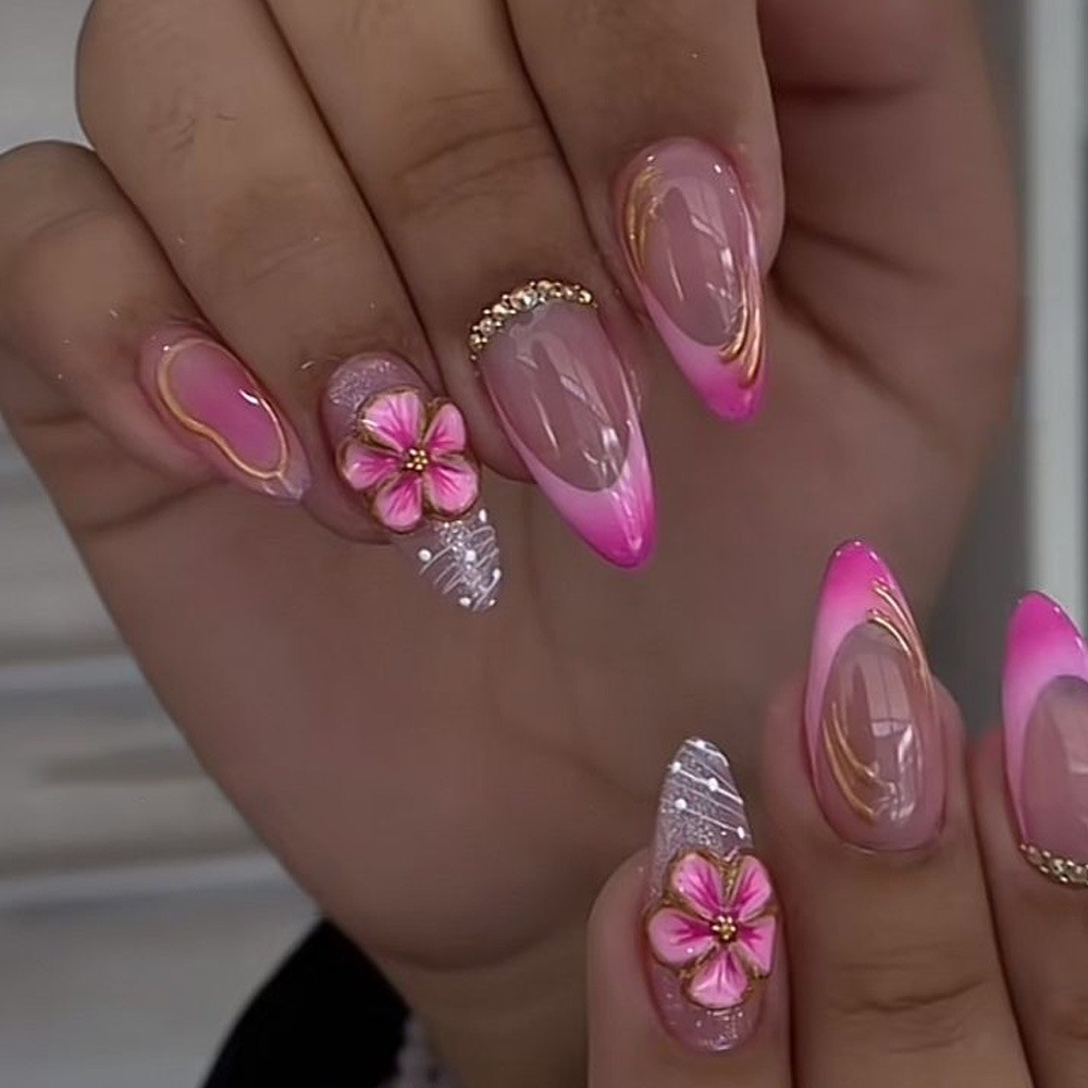 Press-On Nails with Hand-Painted Flowers, Glitter 3D Pearls Elegant Fake Nails