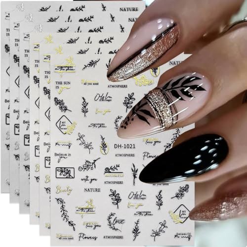 Black Gold Nail Art Stickers Decals Leaf Letter 3D Nail Decals for Nail style13