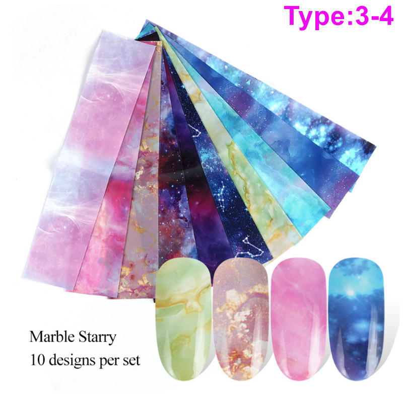 Marble Starry Nail Foil Transfer Sticker Galaxy Zodiac Moon Night Stars 10pcs