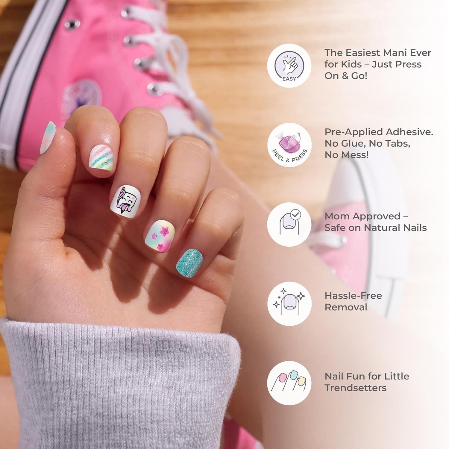 No Glue Mani Press On Nails, Mini, ‘Berry Cute’, Pink, Kids Size, Squoval Sha…