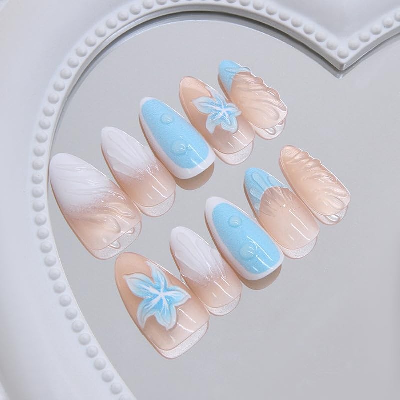 30Pcs Sea Blue Press on Nails Medium Almond Fake Nails Icy Lily Floral 3D Bub…