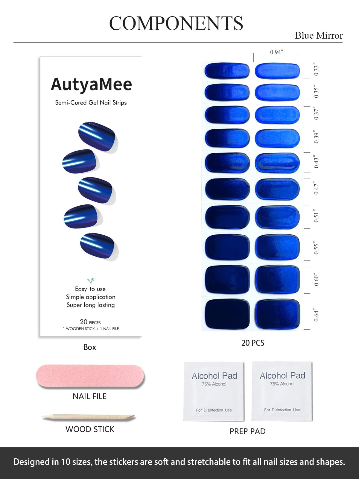 AutyaMee Semi Cured Gel Nail Strips (Blue Mirror), Chrome, 20 Pcs Gel Nail Wraps