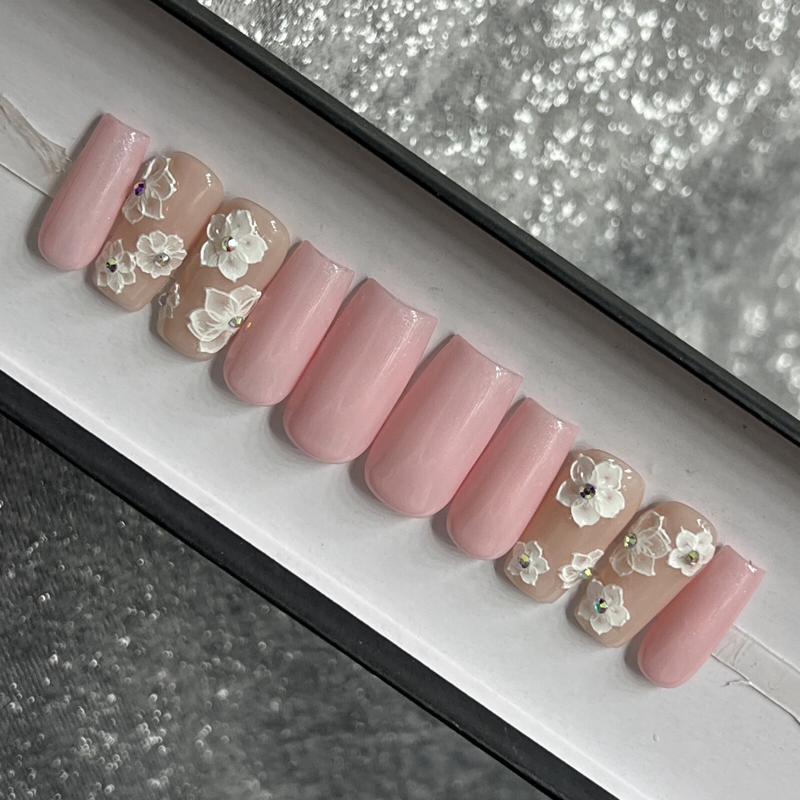 🤍 CUSTOM Hard Gel Press On Nails, Flower Pink Nude BLING 10p FULL SET W Kit