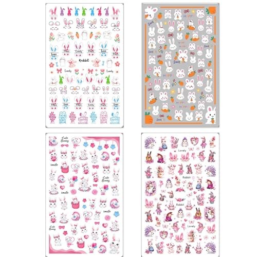 Nail Art Stickers – Pink Bunny Flowers Self-Adhesive 3D Rabbits Nail Easter